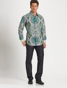 A playful paisley pattern adorns this pure cotton, classic sportshirt with contrast trim on the placket and cuffs.Button-frontPoint collarCottonDry cleanImported