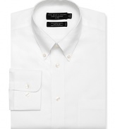 Long sleeve dress shirt with point, button down collar. Single needle tailoring, angle cut barrel cuffs with two buttons to resize width. Chest pocket. Textured solid white.