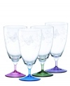 Etched with butterflies and blooms, this set of Butterfly Meadow all-purpose drinking glasses gives everyday meals a whimsical lift. With tinted blue, purple, green or pink stems for a splash of color. Qualifies for Rebate