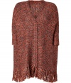 Cover up in ultra luxe style in Anna Suis fringed oversized knit cardigan - V-neckline, 3/4 dolman sleeves, ribbed trim, hidden front closures, fringed hemline - Easy draped fit - Layer over tissue tees with figure-hugging trousers and statement ankle boots