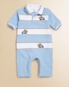 A dapper one-piece for baby in ultra-soft cotton with contrasting stripes and embroidered dumptrucks.Shirt collarShort sleevesButton frontBottom snapsCottonMachine washImported Please note: Number of buttons and snaps may vary depending on size ordered. 