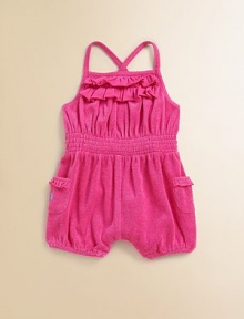 A warm-weather-ready romper crafted from soft terry cloth features jersey-knit ruffles along the neck, a smocked waistline and petite patch pockets embroidered with a signature pony.Square neck with double-tiered ruffle trimCrisscross shoulder strapsHidden bottom snaps for easy on and offPatch pockets with ruffle trimSmocked waistlineElastic hem49% cotton/33% modal/18% polyesterMachine washImported