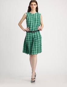 Gingham silk and sweet pleats are offset by a distinctly utilitarian belt.Jewel necklineSleevelessPintucked bodiceIncluded beltPleated skirtConcealed back zipSilk liningAbout 19 from natural waistSilkDry cleanMade in Italy of imported fabricModel shown is 5'9 (175cm) wearing US size 4. 