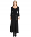 Calvin Klein finishes this sweeping maxi dress with a touch of luxe--a shiny chain belt with a tasseled tip.