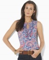 Rendered in light-as-air tissue cotton jersey, this stylish sleeveless petite top channels bohemian romance with eclectic paisley patterns, feminine ruffles and a chic keyhole detail.