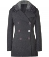 Sleek and sophisticated, this double-breasted wool-blend jacket from Ermanno Scervino will elevate your cold weather style - Large spread collar with faux-fur trim, long sleeves, double-breasted fitted silhouette, front button placket, back pleating detail with faux-fur detail - Pair with a fitted sheath and heels or an elevated jeans-and-tee ensemble