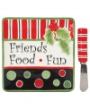 Welcome friends, food and fun with the festive spirit of Fitz and Floyd. Red stripes, polka dots and sculpted holly make this snack tray a surefire holiday favorite. With coordinating spreader.