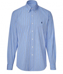 Classic blue and royal stripe poplin custom fit shirt Polo Ralph Lauren - This preppy-cool button down shirt is a wardrobe must-have - Button front closure, button down collar, distinctive Polo logo on chest - Style with khakis and loafers