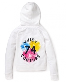 Henley meets hoodie with this ultra-soft active top from Juicy Couture. Enriched with gold metal buttons and a colorful logo design on back.