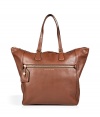 Detailed in classic brown leather with a streamlined look, Marc by Marc Jacobs timeless tote lends a polished edge to every outfit - Zippered front pocket with luggage tag, metallic embossed logo, double top handles, zippered top, inside zippered back wall pocket, front wall slot pockets - Perfect for work, school, or weekend shopping