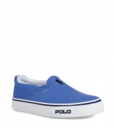 Stylish slipp-on canvas sneakers from top U.S. label Polo Ralph Lauren in trendy in light blue, with white sole, and navy blue polo player and text logo - Wonderfully easy and comfortable - Perfect companion to any casual outfit with jeans, shorts or chino