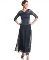 Patra's petite evening gown is adorned with a sequined lace bodice with sheer sleeves and a graceful, flowing skirt.