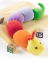 Super cuddly soft and colorful inchworm is a fun rattle toy. Measures 15.