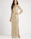 This gorgeous, floor-length sequined style features long sleeves and an alluring, low-cut back.Wide necklineLong sleevesAllover sequinsSide slitV back with concealed zipFully linedAbout 45 from natural waistNylonSpot cleanImported