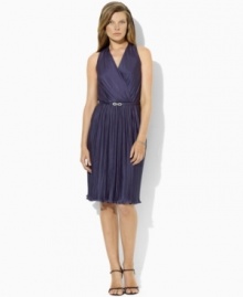 A dramatic V-neckline imparts feminine allure to Lauren Ralph Lauren's silky petite jersey dress with polished pleats, creating an unparalleled evening stapl