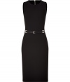 Sleek and sophisticated, this black virgin wool stretch dress conjures effortless elegance - Slim and streamlined, sleeveless cut -  Fitted bodice with round neck - Kick pleat and extra-long zip at rear - Leather and silver-tone metal belt cinches waist - Pencil-style skirt hits at knee - Pair with peep toe or platform pumps and a leather tote or clutch