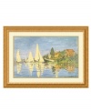 Sailboats pull away from the banks into the shimmering River Seine in Claude Monet's Boating at Argenteuil, 1872. A fine wooden frame with embossed detail and a radiant gold hue complements the artist's masterful use of light.