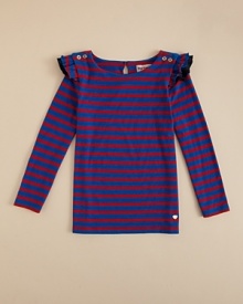 Modest ruffles at the shoulder and goldtone button accents bring a touch of whimsey to Juicy Couture's otherwise standard stripe top.