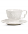 More than charming, the Blanc Elisabeth cup and saucer from Maison Versailles incorporate floral medallions, scalloped edges and a soft white finish to perfect vintage-style settings.