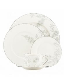 Muted blooms flourish on the fine white porcelain of Lenox Dinnerware's Wisteria place settings, garnishing formal tables with quiet, contemporary grace. With a sumptuous platinum finish to enhance even the most elegant dining atmospheres. Qualifies for Rebate