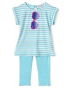 Your aspiring fashionista will never be caught without her shades when wearing this trompe l'oeil striped tunic and legging set featuring a fanciful heart-shaped sunglasses print.