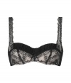 Turn up the heat in this ultra luxe lace bra from Chantal Thomass - Cleavage-enhancing balconette style, lace overlay, gathered detail at bust, wide straps, front bow detail - Wear under your favorite dress or sheer blouse