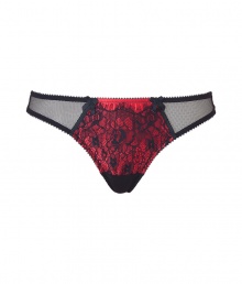 Get the sultry glamorous look of a vintage pin up girl in Von Follies by Dita Von Teeses black and luxury red 40s-inspired eyelash lace thong - Black stretch lace paneled front with slinky lightweight satin luxury red underlay, fishnet sides and back - Thong back - Wear with the matching balconette bra for a seriously seductive look