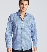 A blue hued gingham adds timeless appeal to the Obert sportshirt from BOSS Black.