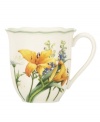 Garden party. The Floral Meadow Daylily mug brings eternal spring with a bouquet of white, orange and blue rooted in resilient everyday porcelain. A scalloped edge adds to the charm of the graceful mix-and-match Lenox collection. Qualifies for Rebate