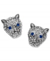 Grab animalistic fashion with these leopard stud earrings from GUESS. Embellished with pave stones and blue crystal eyes. Crafted in imitation rhodium tone mixed metal. Approximate drop: 1 inch.