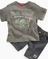 Switch it up. Reveal his laid-back, casual side in this fun graphic t-shirt and jean short set from Nannette.