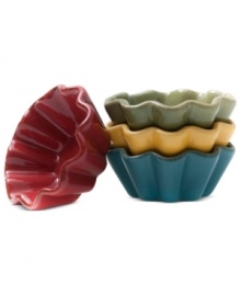 Totally solid. Go with the flow from oven to table with berry bowls by Marcela for Prima Design. Rich colors and ruffled edges combine to make the everyday essentials as stylish as they are durable.