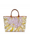 Stash away your spring  essentials in Emilio Puccis floral printed cotton tote, detailed with smooth leather handles for a polished look - Leather double top handles, bright yellow interior - Wear with a sundress and sandals in the city