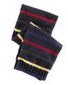 A perfect scarf is knit in a colorful striped design and accented with an embroidered pony.