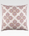 Lacy periwinkle medallions are brightly hand block printed on this pretty pillow with hand-stitched details and edging.Hidden zip closure26 X 26Linen/cottonMachine washImported