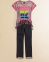 She'll be groovy in this lightweight knit in a colorful tie dye print with a spray-painted look Love graphic for a funky, far appeal.V-neckShort sleevesPullover styleUneven fringe hemRayonHand washImported