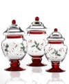 Etched and hand painted with a festive pattern of holly and berries, Winterberry apothecary jars from Pfaltzgraff make a very merry impression. Fill with your favorite holiday candy, cookies and more!