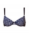 Elegant dark blue patterned bra in fine stretch synthetic - Demi cups work well even for small sizes - Lightly padded, makes for a nice push-up effect - Slim, length adjustable outer straps, great for almost all neckline types - Back hook closure - A minimum of spandex ensures a perfect fit - Sexy, stylish and seductive - Possible as a set