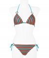 Make an eye-catching statement at the beach in Missonis bright aquamarine and sunset striped bikini, finished with modern ring hardware for a contemporary-chic twist - Self-tie turquoise string halter strap, hooked back - Self-tie side strings on bottom - Comes with a matching drawstring pouch - Wear with studded sandals and oversized statement totes