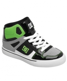 He can gear up with these Spartan hi-top sneakers from DC Shoes, with durable construction and a fresh design.