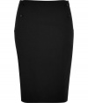 Elegant pencil skirt in fine, black wool and linen blend - Flattering, feminine silhouette, hits just above the knee - Slim cut with side zip - Large, curved pockets with two-button detail at hip - A chic classic that works for day or evening - Pair with a silk button down blouse and leather jacket or blazer and platform pumps