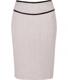 Elegant pencil skirt in fine, ecru cotton and linen blend - Particularly comfortable, thanks to a touch of stretch - Classic slim, curve-hugging silhouette - Hits just above the knee - Chic leather trim snakes the waist and hips - Contrast zip extends from small of the back to hem - Polished and versatile, a must for work, dressy luncheons and cocktails - Pair with a silk button down blouse, cropped leather jacket and pumps