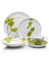 Forever spring. Bright new leaves plucked just for your table drape the Daylight 5-piece place settings with fresh modernism. From Mikasa dinnerware, the dishes in this collection are durable and stylish in white porcelain with unique and decidedly chic details like raised interiors, elliptical handles and grass-green accents.