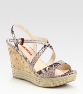 EXCLUSIVELY AT SAKS. Python-stamped criss-cross style with cork wedge and espadrille detail. Cork and hemp-covered wedge, 4 (100mm)Cork and hemp-covered platform, 1 (25mm)Compares to a 3 heel (75mm)Python-stamped leather upperLeather liningRubber solePadded insoleImportedOUR FIT MODEL RECOMMENDS ordering one half size up as this style runs small. 