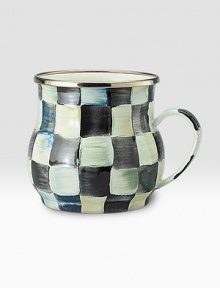 Sip a favorite tea or ladle a soothing soup in this beautifully curved enamelware mug, individually handpainted with jeweltoned checks and finished with s bronzed stainless steel rim. Backed in durable steel 16-ounce capacity 3½H X 4¼ diam. Hand wash Imported