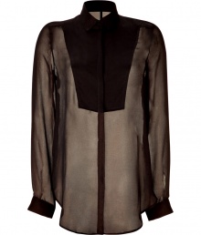 Channel of-the-moment style in this oversized sheer blouse from Faith Connexion - Stand collar, long sleeves, concealed front button placket, solid front yoke, sheer metallic body, oversized silhouette, curved asymmetrical hem - Pair with leather leggings, an oversized cashmere cardigan, and statement heels