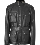 Recently relaunched with a fashion-forward aesthetic, Belstaffs modern iteration of the classic leather infuses luxe-meets-rugged style to this must-have staple - Stand collar with buckle detail, concealed front button placket with snaps, flap pockets, belted waist, stitching at shoulders, elbow pad detail - Pair with jeans and a tee and motorcycle boots or with slim trousers and trainers