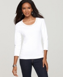 Style&co. makes a simple petite tee super stylish with a studded neckline and three-quarter sleeves. (Clearance)