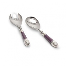 Hand made handles in sand-casted aluminum decorated with a trademark blend of enamel infused with crushed mother of pearl. Framed with hand cut inlaid mother of pearl mosaic borders. Salad spoon and fork made in stainless steel for easy care.