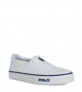 Stylish slip-on canvas sneakers from top U.S. label Polo Ralph Lauren - Trendy in all white with navy accent seams, polo player and text logo on front - Perfect companion to any casual outfit with jeans, shorts or chino